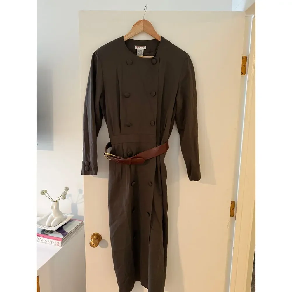 Vintage Talbots Olive Green Military Midi Dress Wool Blend Size‎ 8 ✨